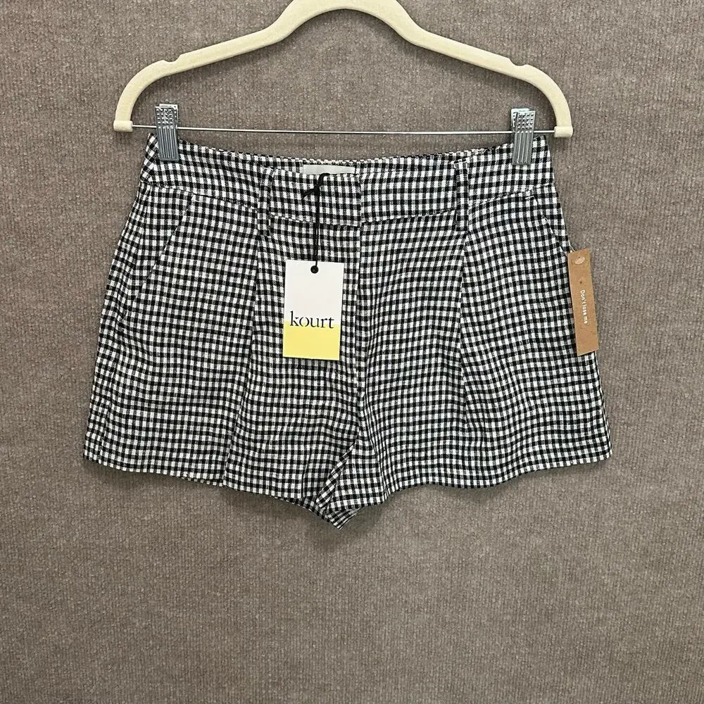 Few Moda Junie Short Linen High Rise Pleated Black White Gingham Sz 2 XS Preppy